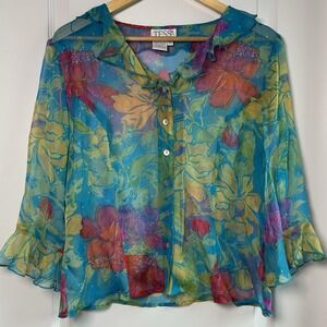 TESS Vintage 100% Silk Teal Watercolor Floral Ruffle Collar Bell Sleeve Blouse‎